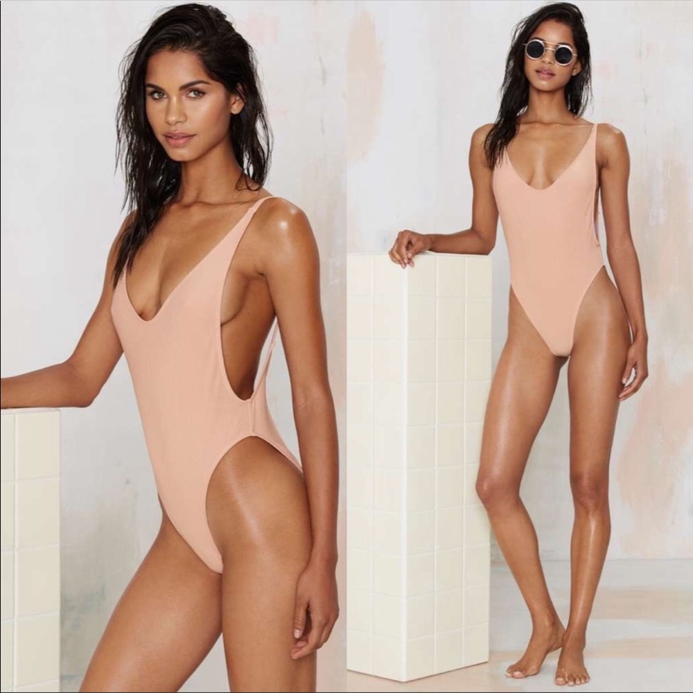 NWT Nasty Gal Alina Ribbed High Cut Pink Swimsuit